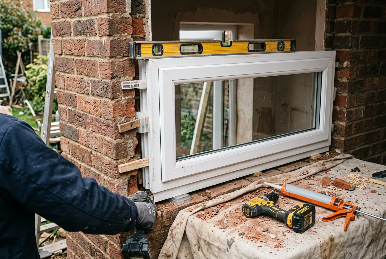 A window frame seated in a brick opening mid-installation, with packers at the jamb and a spirit level across the frame.