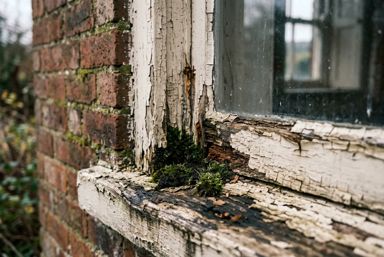 A decayed painted timber window sill with flaking paint, soft rotten wood at the joint and crumbling putty.