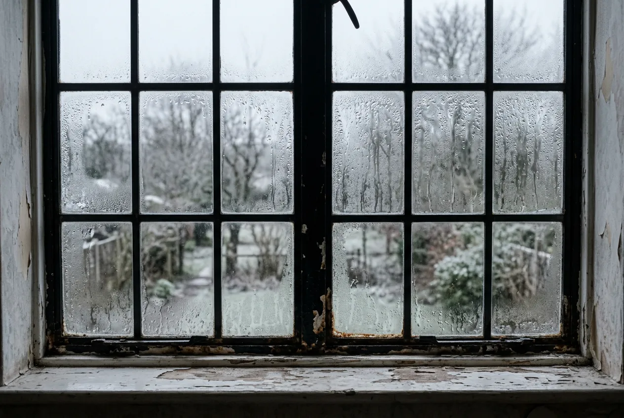 An old single-glazed steel window on a cold morning, with heavy condensation on the panes and rust on the frame.