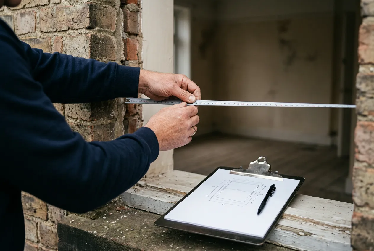 A steel tape measure held across a brick window reveal, with a clipboard resting on the sill.